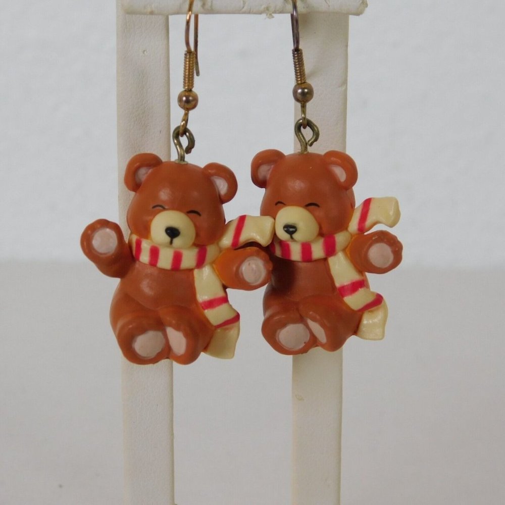 Teddy Bear Earrings Wearing Candy Cane Scarf Christmas Vintage Small Resin Brown